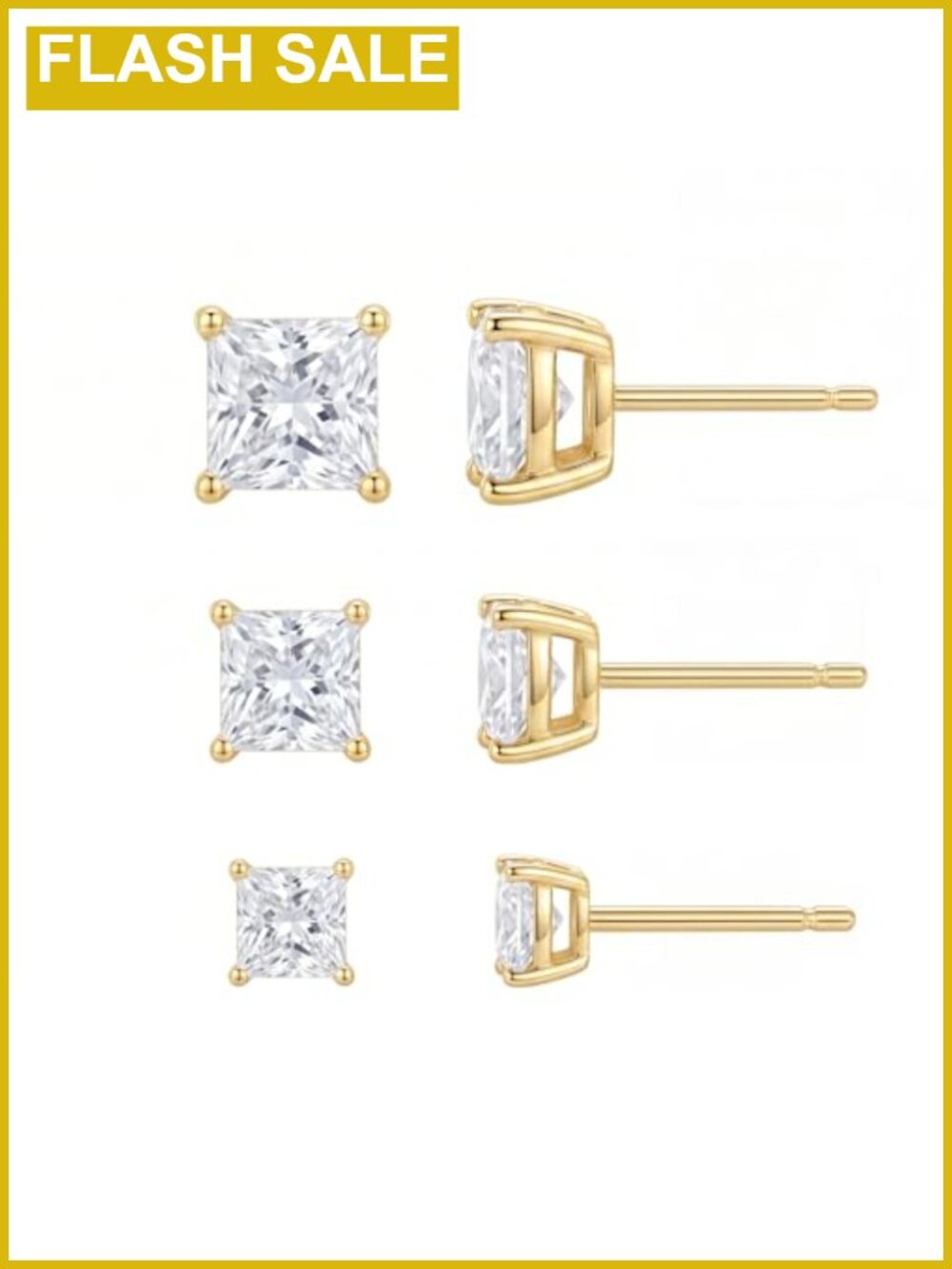 14K Gold Plated Sterling Silver Princess-Cut CZ Stud Earrings Set 3 Sizes